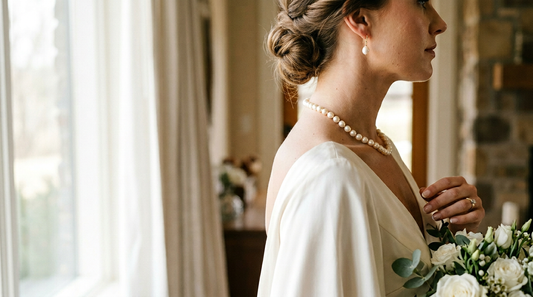 Bride in soft natural light wearing pearl necklace and pearl earrings for a spring wedding