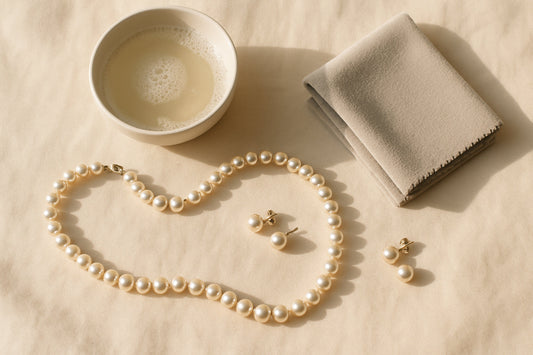 Pearl necklace and earrings with soft cloth and bowl of water for gentle cleaning — pearl jewelry care guide