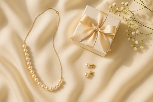 Pearl jewelry Mothers Day gift - elegant pearl necklace and earrings on cream silk with gift box and babys breath flowers