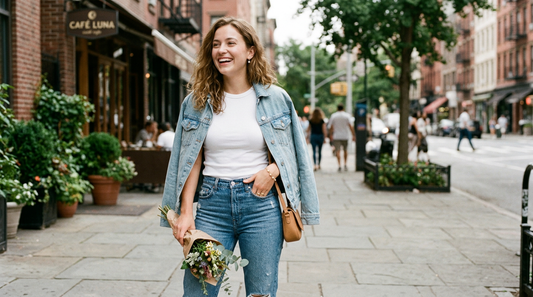 Young woman in denim and a white tee wearing everyday pearl jewelry in a casual city outfit