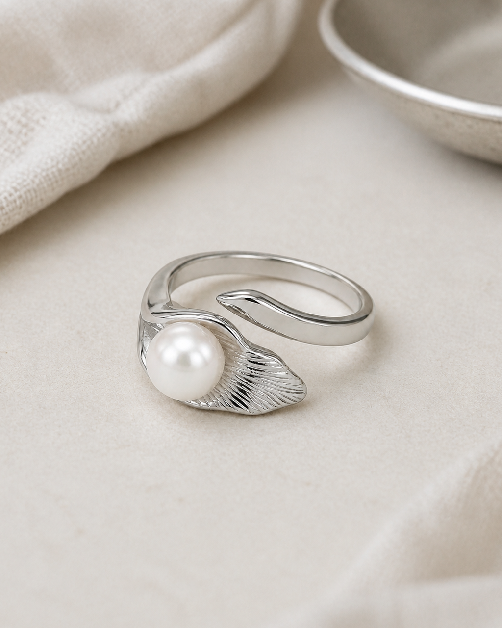 Silver Leaf Pearl Ring — 4:5 styled product photograph