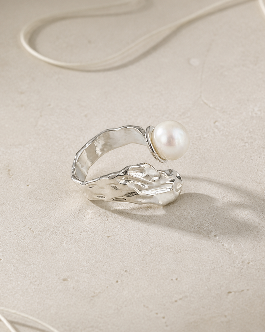 Silver Wing Pearl Ring — 4:5 styled product photograph