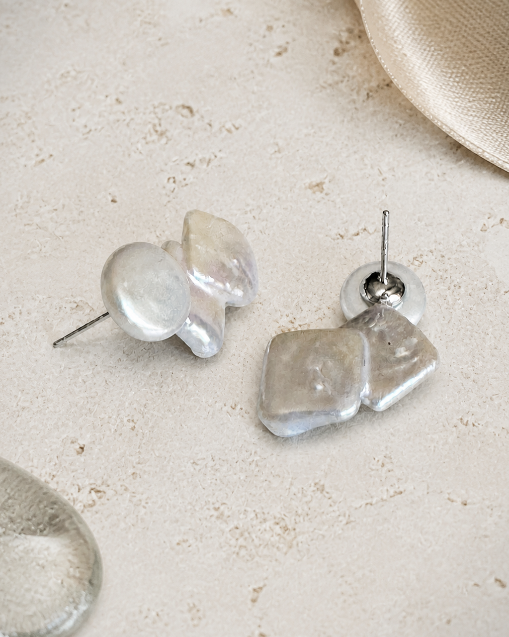 Cascade Keshi Pearl Stud Earrings — 4:5 styled product photograph