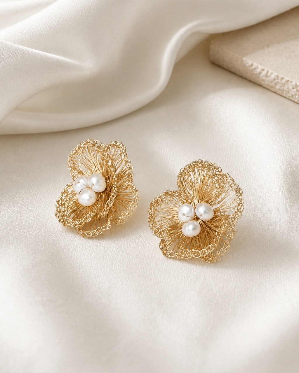 Golden Lace Pearl Blossom Earrings — 4:5 styled product photograph