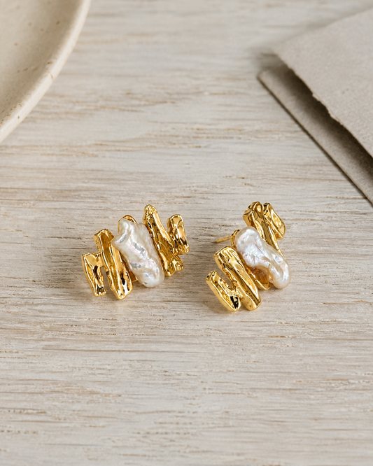 Golden Current Baroque Pearl Earrings — 4:5 styled product photograph
