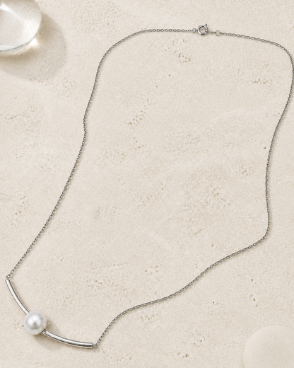 Silver Horizon Pearl Necklace — 4:5 styled product photograph