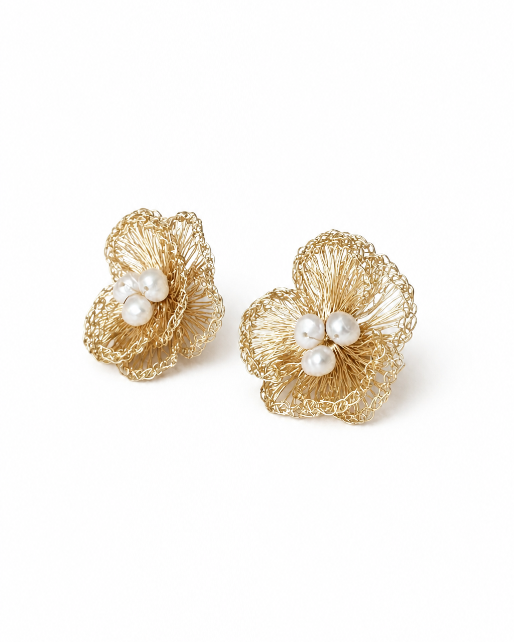 Golden Lace Pearl Blossom Earrings — 4:5 product on white background