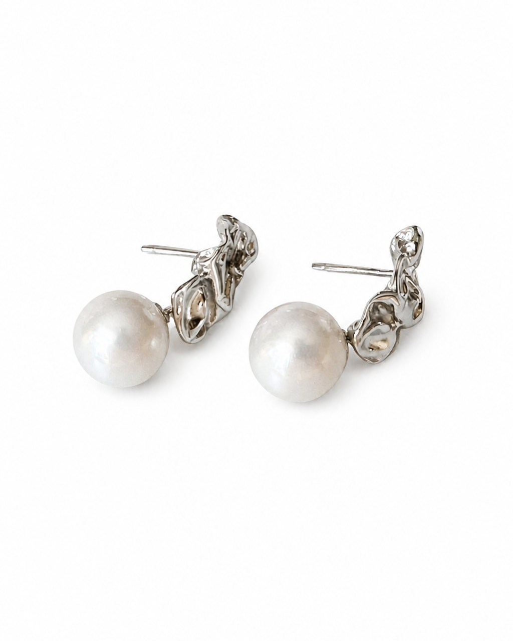 Molten Silver Pearl Drop Studs — 4:5 product on white background