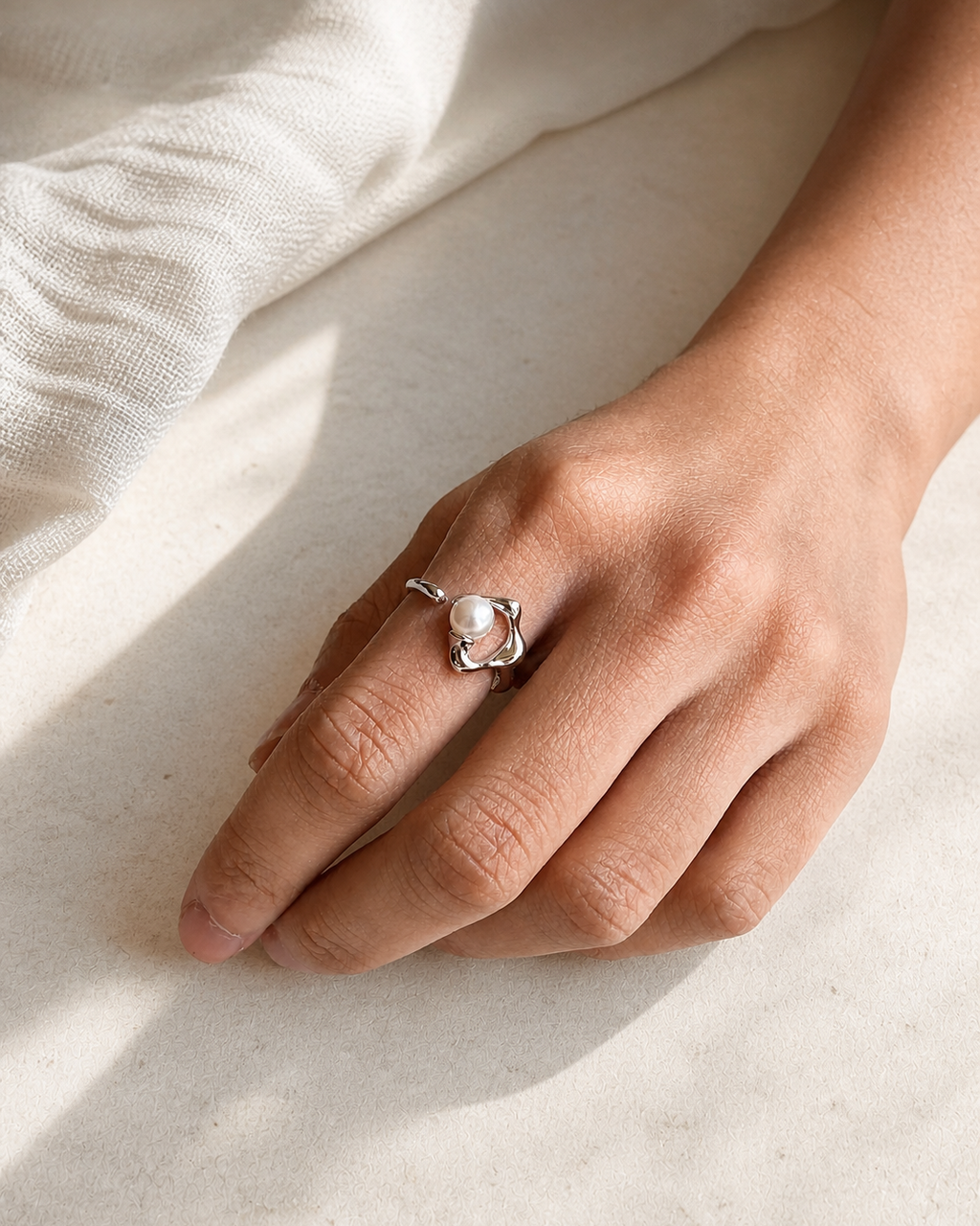 Tidepool Pearl Ring — 4:5 try-on photograph