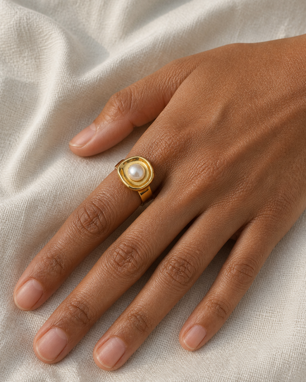 Golden Halo Pearl Ring — 4:5 try-on photograph