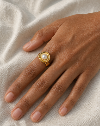 Golden Halo Pearl Ring — 4:5 try-on photograph