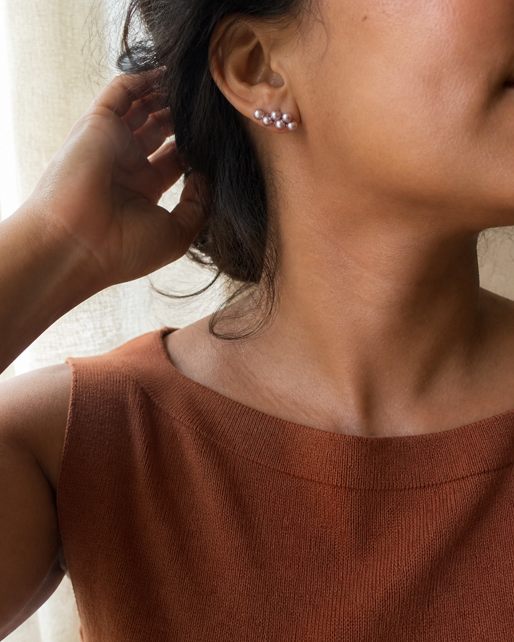 Lavender Grape Cluster Pearl Studs — 4:5 try-on photograph