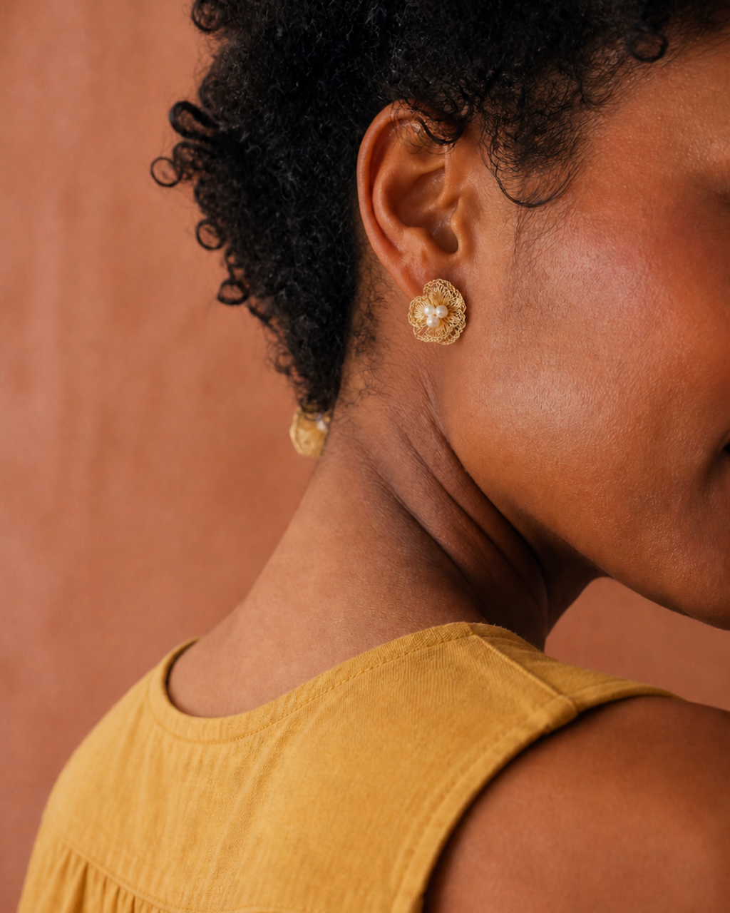 Golden Lace Pearl Blossom Earrings — 4:5 try-on photograph