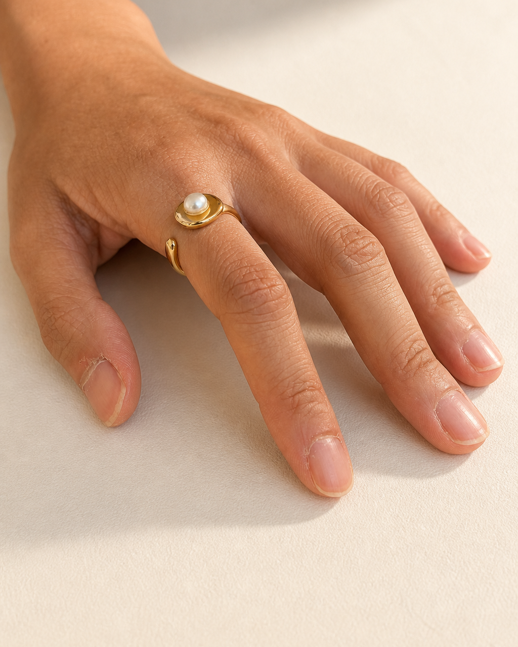Golden Embrace Pearl Ring — 4:5 try-on photograph