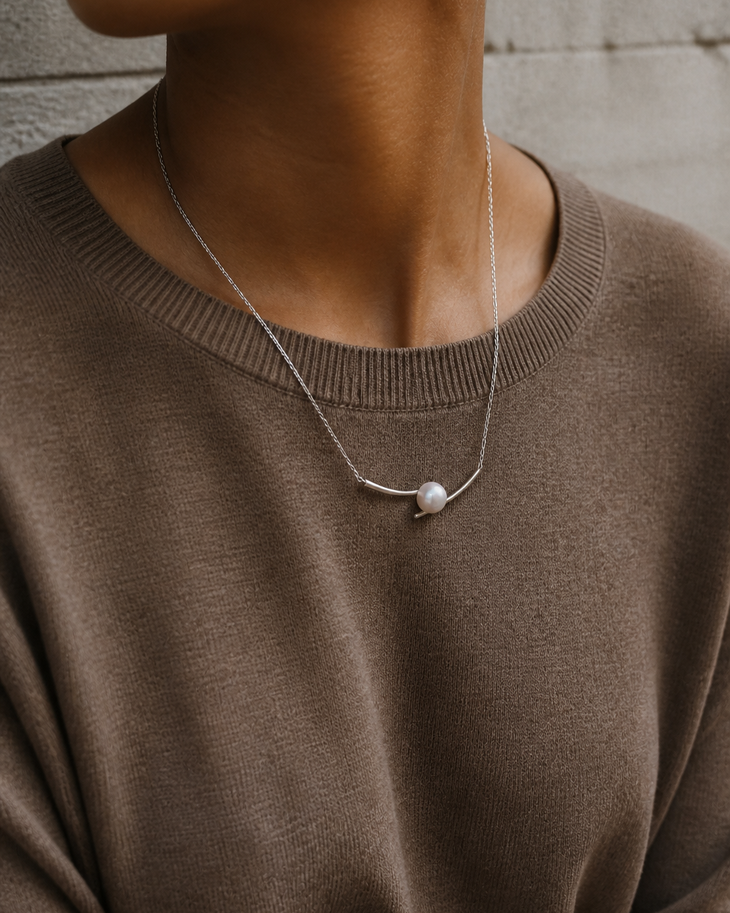 Silver Horizon Pearl Necklace — 4:5 try-on photograph