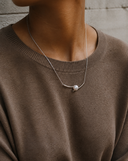 Silver Horizon Pearl Necklace — 4:5 try-on photograph