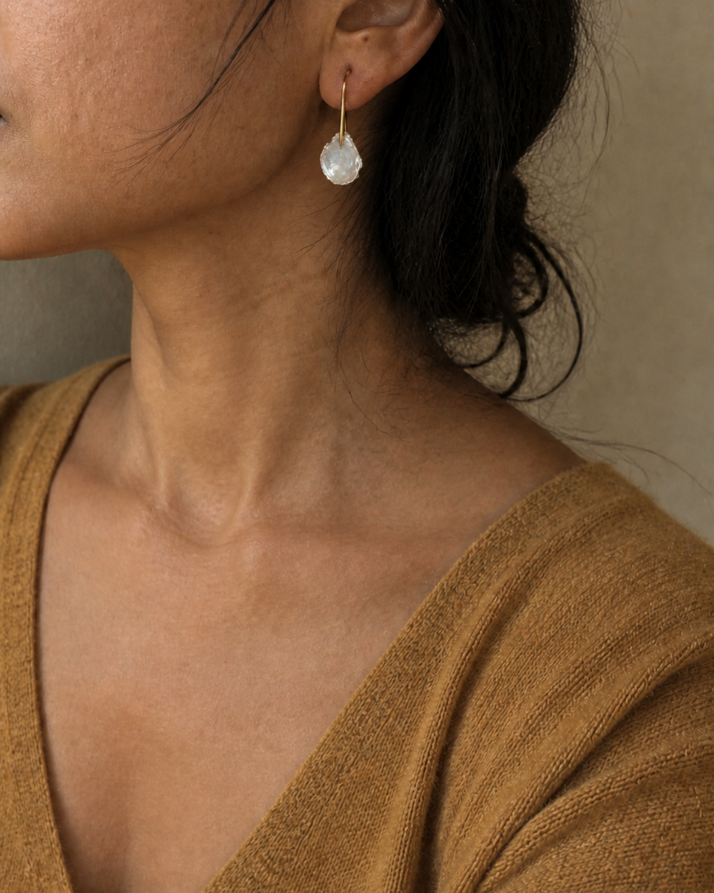 Golden Petal Keshi Pearl Hook — 4:5 try-on photograph