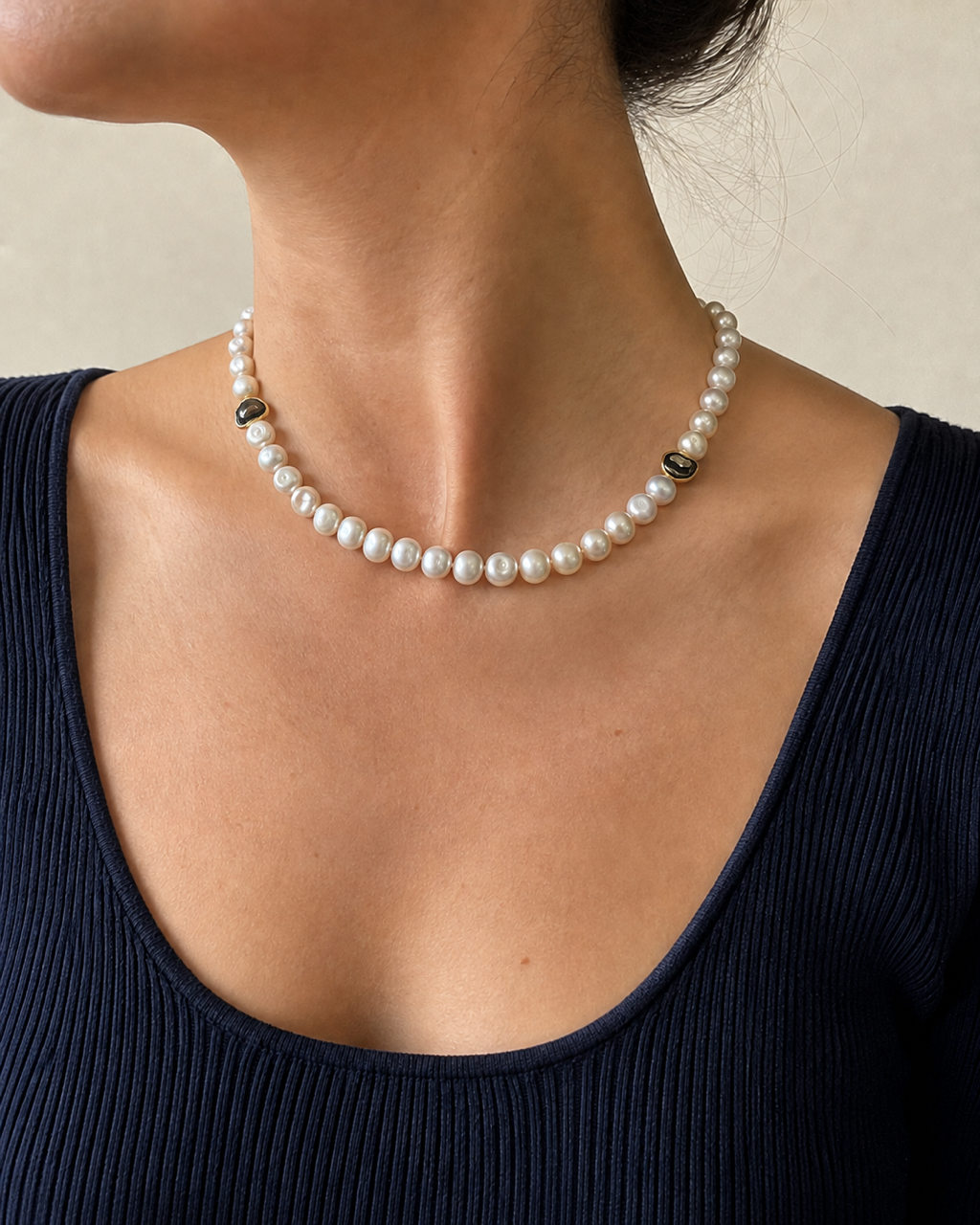 Luminous Baroque Pearl Necklace with Gilded Accents — worn by model