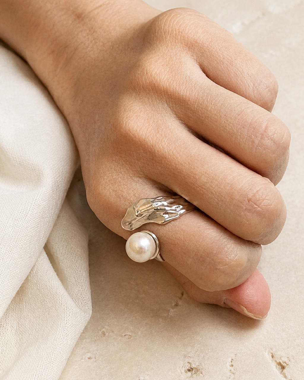 Silver Wing Pearl Ring — 4:5 try-on photograph
