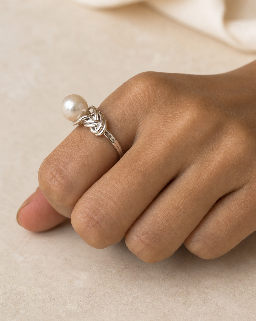 Sterling Loop Pearl Ring — 4:5 try-on photograph