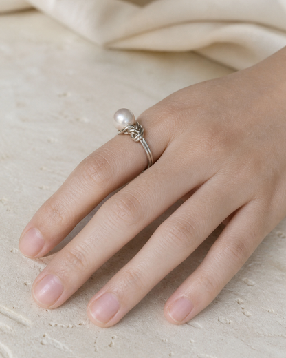 Sterling Loop Pearl Ring — 4:5 try-on photograph
