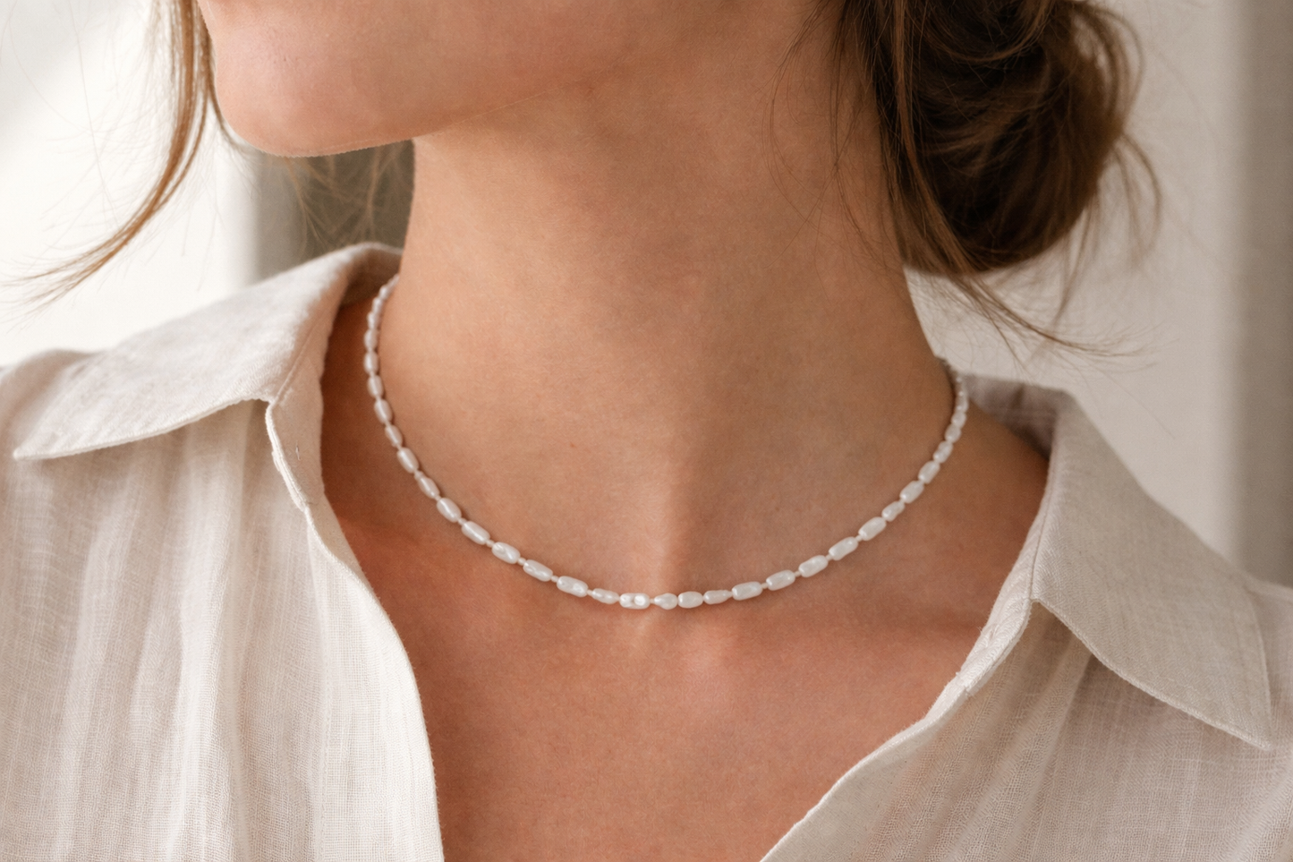 Soft Drift necklace in baroque white pearls — organic shapes on delicate chain