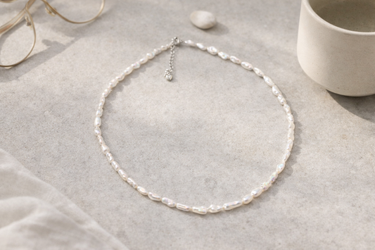 Soft Drift baroque pearl necklace — white and lavender oval freshwater pearls