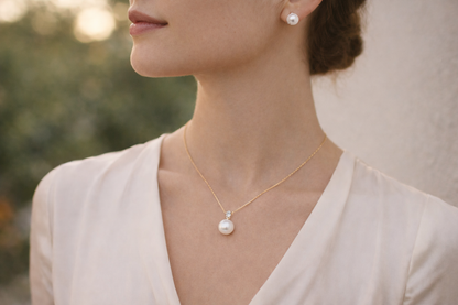 Luna Radiance pearl necklace — elegant 12mm pearl pendant on gold chain