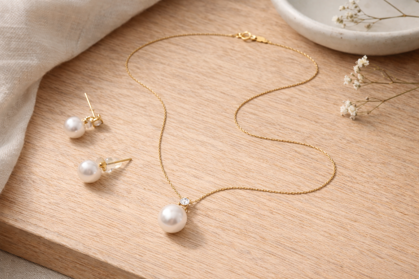 Luna Radiance pearl jewelry set — 12mm high-luster pearls in 14K gold setting