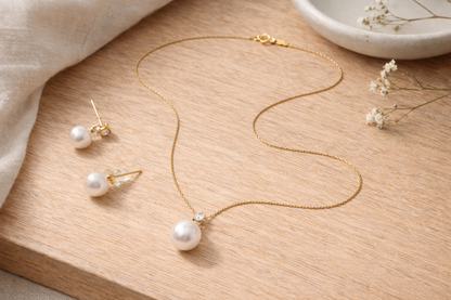 Luna Radiance pearl jewelry set — 12mm high-luster pearls in 14K gold setting