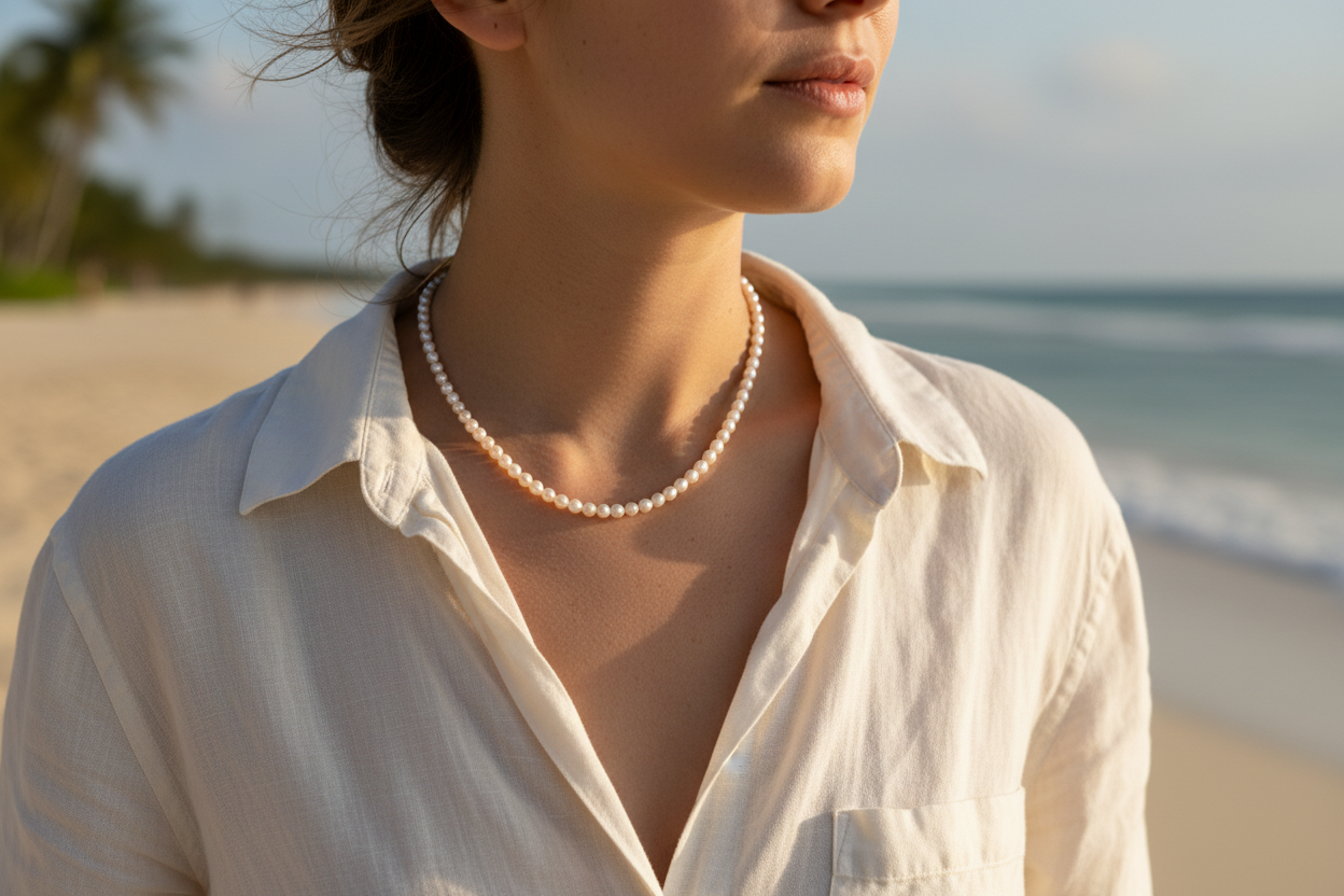 Apricot Glow pearl necklace styled on model — everyday fine pearl jewelry