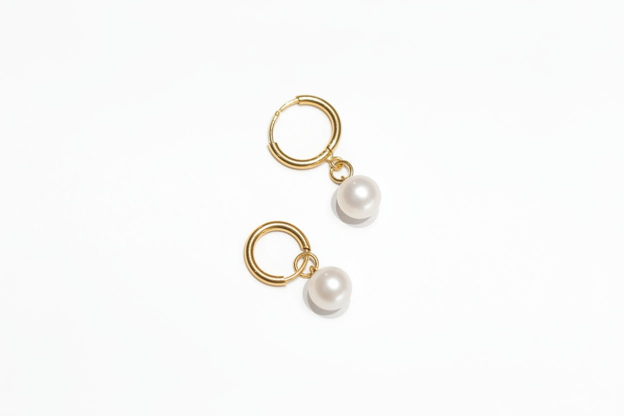Everyday pearl drop hoops detail — available in 7mm and 11mm pearl sizes
