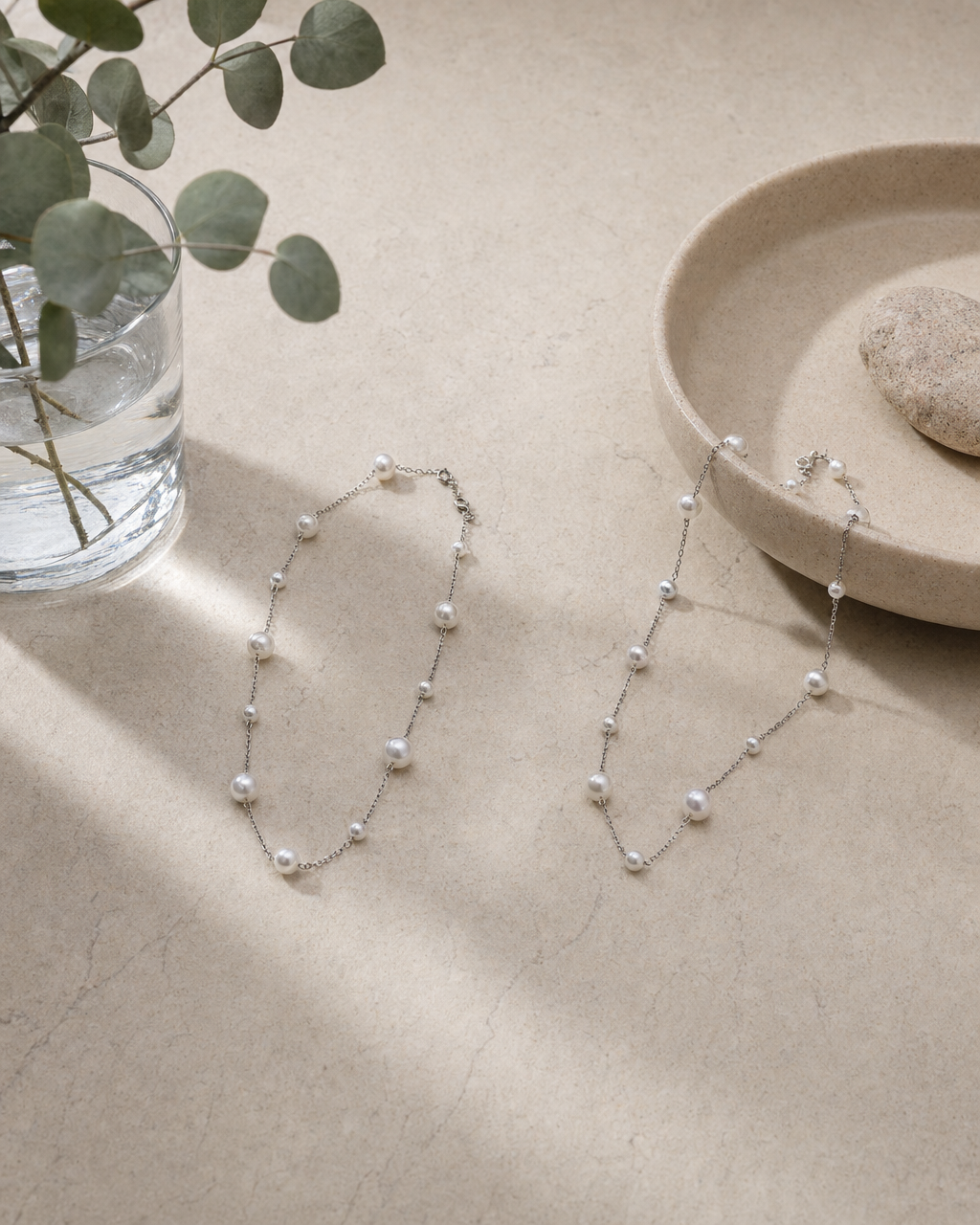 Pearl-Set Silver Chain Necklace — Mom & Daughter Matching (4:5)