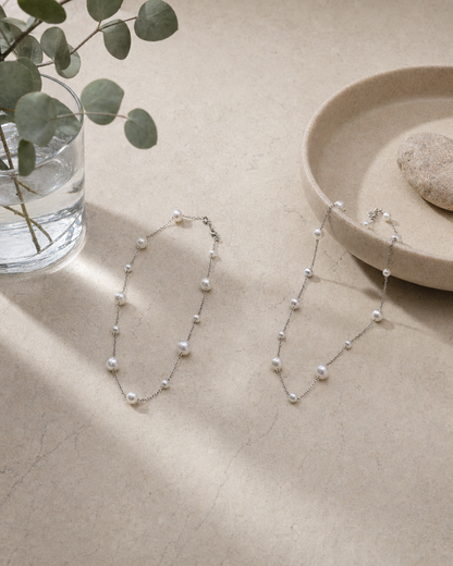 Pearl-Set Silver Chain Necklace — Mom & Daughter Matching (4:5)