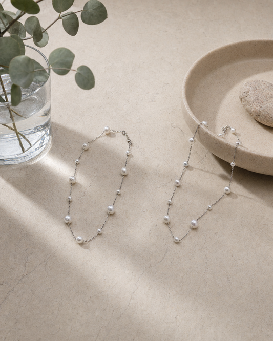 Pearl-Set Silver Chain Necklace — Mom & Daughter Matching (4:5)
