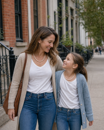 Her First Strand — Mom & Daughter Matching Pearl Necklace (4:5 vertical)